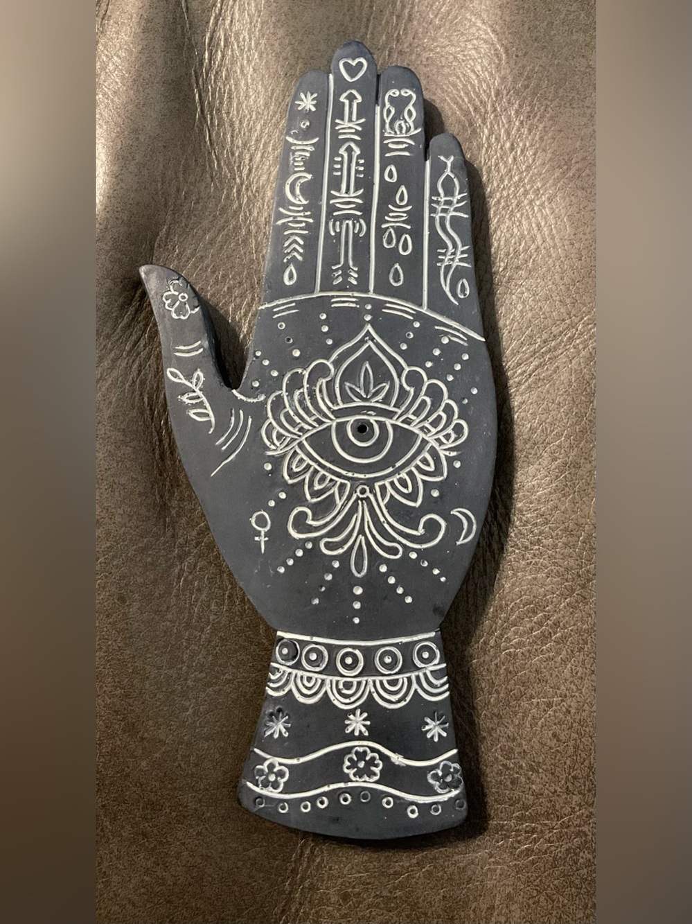 Wood Hand-shaped Incense Holder or Wall Art White Henna Eye Design